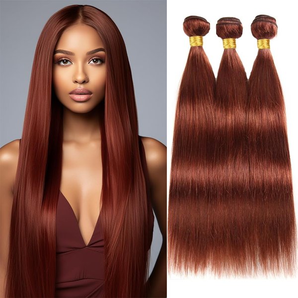 Reddish Brown Straight Bundles Human Hair Auburn Bundles Color 33 Human Hair Bundles Double Weft Remy Hair Extensions Wet and Wavy Bundles Silky and Soft for Black Women 24 26 28 Inch