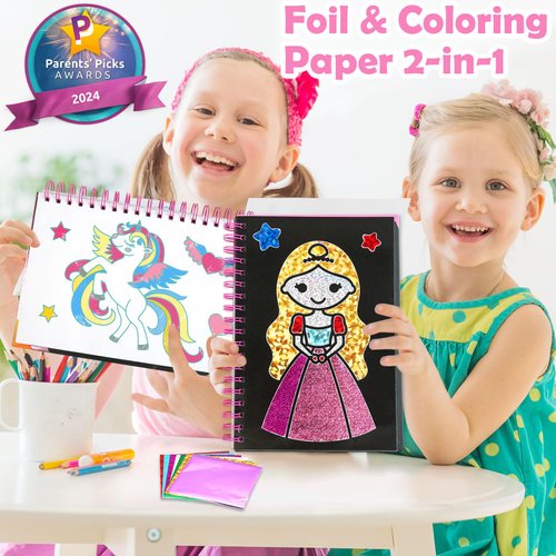 pigipigi Art Craft Activity for Kids: Foil Art Princess & Unicorn DIY Toy Kit, No Mess Creative Travel Supply Set, Idea Birthday Christmas Valentine Gift for Girl Boy Children 3 4 5 6 7 8 9 Year Old