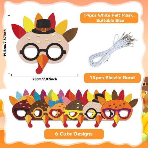 Qyeahkj 126pcs Thanksgiving Turkey Mask Craft for Kids, Fall Felt Foam Craft Bulk Thanksgiving DIY Crafts for Kids Ages 3-5, 4-8, 8-10, Arts Craft Kit for Home Party Activity (Makes 14)
