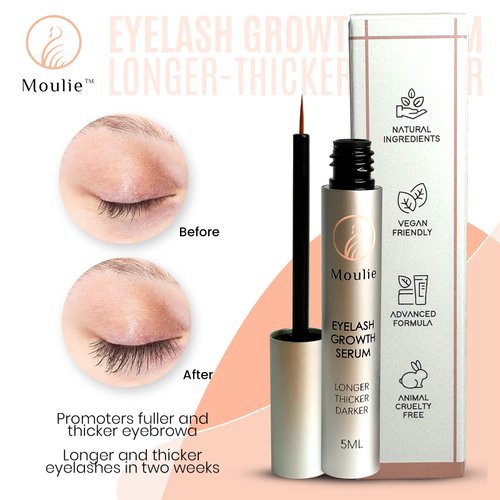 Moulie Eyelash Growth Serum, Natural Organic Lash Boost & Enhancer for Longer, Fuller, & Thicker Lashes & Brows (5ml), Cruelty-Free, & Irritation-Free Formula.