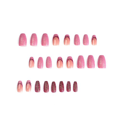 IMSOHOT Medium Press on Nails French Coffin Fake Nails Purple Glitter Full Cover Ballerina False Nails Glossy Acrylic Glue on Nails for Women 24pcs
