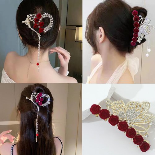 2PCS Hair Clip, Red Rose Hair Claws French Style Twist Hair Barrette Non Slip Jaw Banana Hair Accessories for Women #02