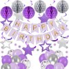 YEOCU Birthday Decorations, Happy Birthday Banner with Birthday Balloons, Honeycomb Balls, Hanging Swirls, Circle Dots Garland, Happy Birthday Party Decorations for Women Men Boy Girl (Purple&Silver)