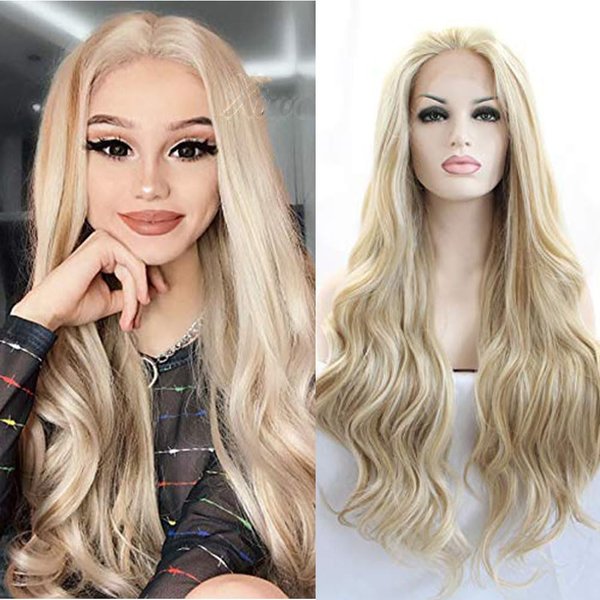 Xiweiya long blonde wavy wig blonde highlight gold synthetic lace front wigs piano color wavy with heat resistant fiber for women drag queen makeup long blonde hair replacement wig 24 inch