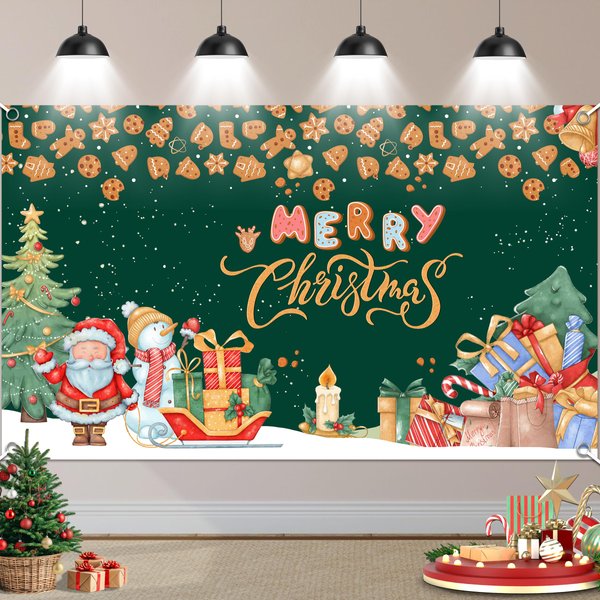 KJQJLY Merry Christmas Banner Christmas Banner Green Christmas Banner Party Decorations Supplies, Xmas Holiday Happy New Year Sign Poster Background Decor 72X44 Inch