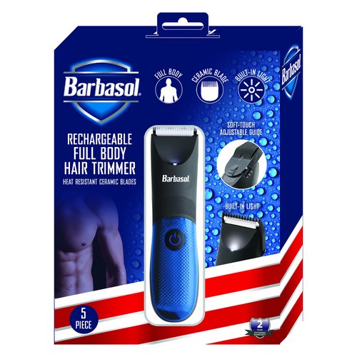 XTREME DIGITAL LIFESTYLE ACCESSORIES Barbasol Waterproof Body Hair Trimmer, Rechargeable 5 Piece Set with Ceramic Blades, Adjustable Comb, Light, Stand