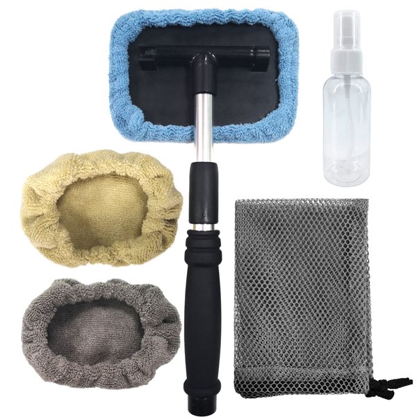 POLYTE Pivoting Windshield Glass Cleaning Tool Extendable Aluminum Handle w/3 Premium Microfiber Covers