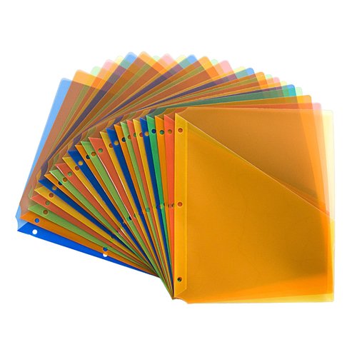 Seashell 25 Pack Poly Translucent Slash File Jacket,3 Hole Punch Binder Organizer Pockets,Letter Size, Assorted Colors,Plastic Binder Pockets Sleeves