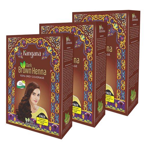 Kangana Henna Powder for Hair Dye/Colour - Dark Brown Henna Powder for 100% Grey Coverage- 6 pouches each - Total 180g (6.34 Oz)- Pack of 3