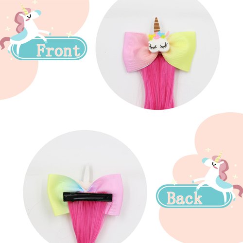 VCEOW 6 Pcs Colored Unicorn Hair Clips for Little Girls Cute Rainbow Hair Bows Ombre Color Curly Hair Extensions Princess Dress Up Hair Accessories Birthday Gifts for Kids Toddler