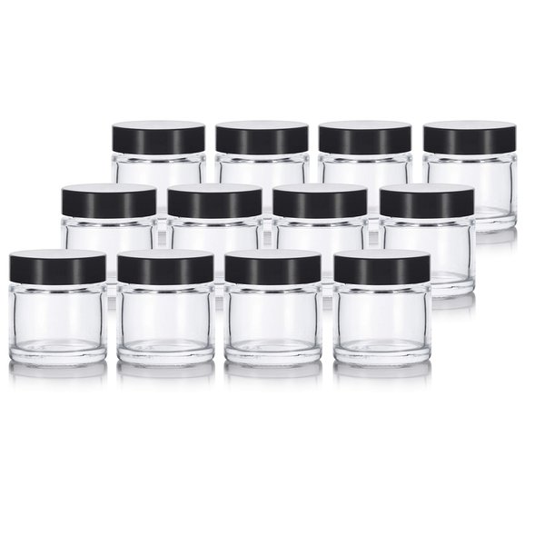 1 oz / 30 ml Clear Thick Wall Glass Straight Sided Jar with Black Smooth Lids (12 Pack) Airtight, Smell Proof