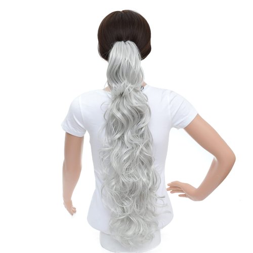 SWACC 24-Inch Long Messy Curls Claw Clip Ponytail Extensions Synthetic Clip in Drawstring Curly Ponytail Hairpiece Jaw Clip Hair Extensions (Silver Gray)