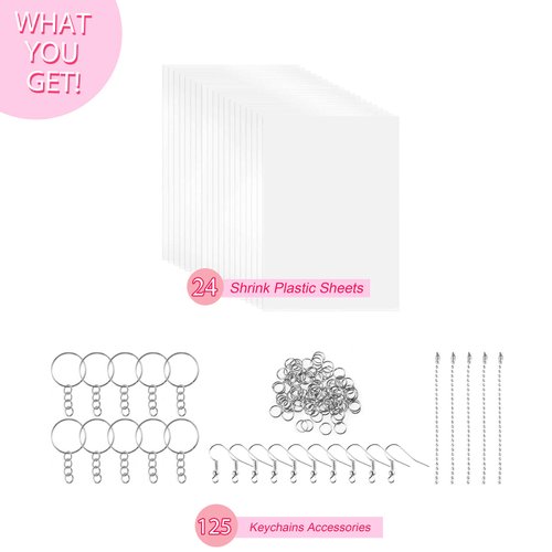 Warckon 149 Pieces Shrink Plastic Sheet Kit Include 24 PCS Shrinky Art Paper with 125 PCS Keychains Accessories for Kids Creative Craft
