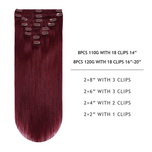 YILITE Clip in Hair Extensions Real Human Hair 8Pcs/Pack 120g Burgundy Straight Thick Invisible Remy Natural Hair Double Weft Clip Extensions for Women (20inches #99J Burgundy）