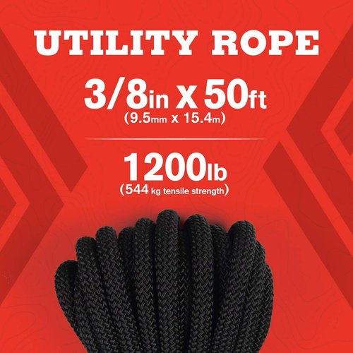 Atwood Rope MFG 3/8” inch 50ft Braided Utility Rope. Black, 50ft Made in USA, Lightweight Strong Versatile Rope for Camping, Survival, DIY, Knot Tying