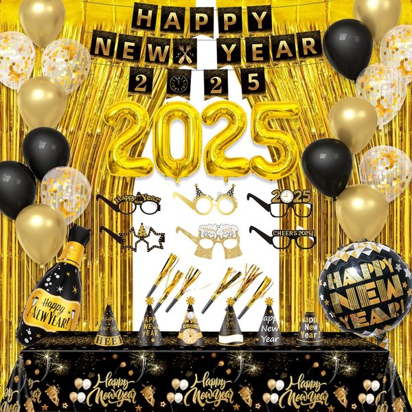 AIBIIN 90 Pcs Happy New Year 2025 Party Supplies Black Gold New Years Eve Decorations with Hats, Banner, Glasses, Blowout, Balloons, Tablecloth 2025 New Year NYE Party Decoration Supplies