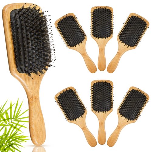 Tessco 6 Pcs Boar Bristle Hair Brush Bulk Wooden Paddle Hairbrush Detangler Hair Brush for Women Men Thick Thin Long Short Styling Curly Wet Dry Hair Detangling Smoothing Massaging