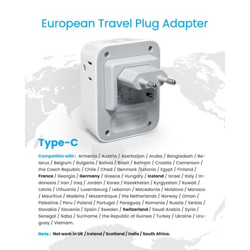 [2-Pack] European Travel Plug Adapter, VINTAR Foldable International Travel Adapter with 4 Outlets 4 USB Ports(2 USB C), 8 in 1 Type C Travel Essentials Charger for US to Most of Europe Spain France