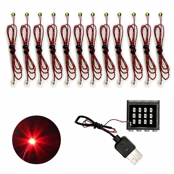 12 PCS Pre-Wired LED & USB Power(12-Port Hub) Compatible with Lego Bricks(Wire Length: 50cm(20inch)) for Model Lighting, Decorative Lighting (Red)