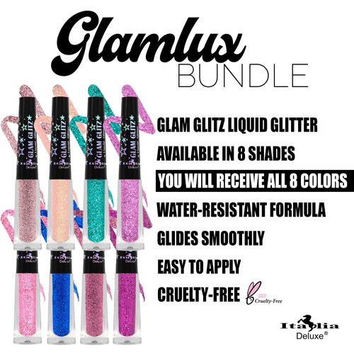 Glam Lux Beauty Bundle Italia Deluxe Glam Glitz Liquid Glitter Eyeliner Set of 8 Water Resistant, Long Lasting, Multi-purpose Wear, Fine Glitter, High Shine Wear