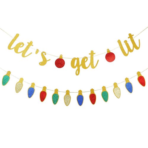 Gold Glitter Let's Get Lit Banner Christmas Holiday Party Decorations,New Years Eve Party Decor,Grinches Christmas Decorations,Ugly Christmas Sweater Party Decorations,Christmas Mantle Home Decor