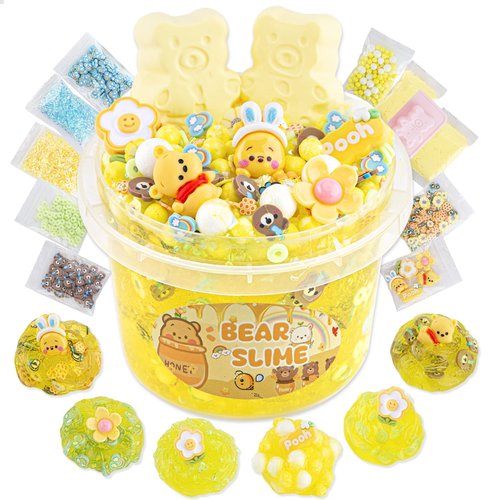 LAWOHO Bear Clear Slime 300ml, Yellow Clear Slime Kit for Girls Ages 8-12 with 9 Packs Slime Add-Ins, Slime for Kids Party Favors, Non Stick Slime Clay Toys Birthday Halloween Christmas Easter Gifts