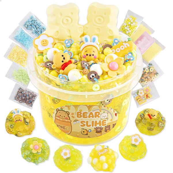 LAWOHO Bear Clear Slime 300ml, Yellow Clear Slime Kit for Girls Ages 8-12 with 9 Packs Slime Add-Ins, Slime for Kids Party Favors, Non Stick Slime Clay Toys Birthday Halloween Christmas Easter Gifts
