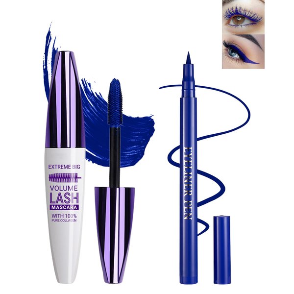 Blue Waterproof Mascara & Eyeliner, 5D Silk Fiber Lash Extensions Colored Tubing Mascara Volume and Length, Long-Lasting Smudge-Proof Voluminous Colorful Mascara and Liquid Eyeliner Pen Set for Women