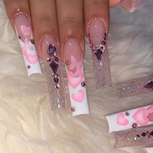 Hkanlre Coffn Press on Nails Tips Ballerina Long Heart Fake Pink Nails Full Cover Rhinestones Coffin False Nails for Women and Girls 24PCS