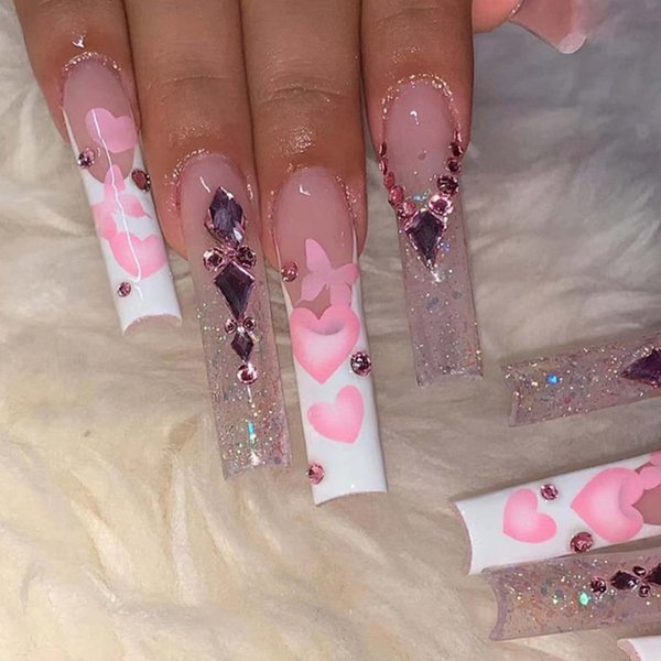 Hkanlre Coffn Press on Nails Tips Ballerina Long Heart Fake Pink Nails Full Cover Rhinestones Coffin False Nails for Women and Girls 24PCS