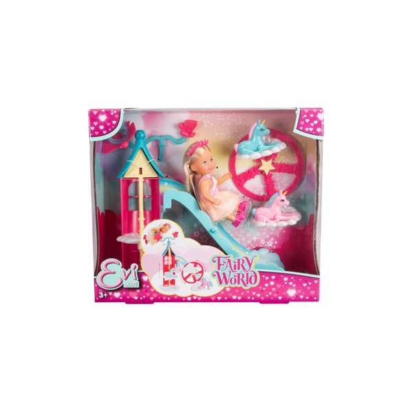 Simba 105733700 Evi Love Fairy World (26 x 8.5 cm) - Evi Doll as Fairy with Fairy Tale Tower, Unicorns & Magic Accessories - Children's Toy for Girls and Boys from 3 Years