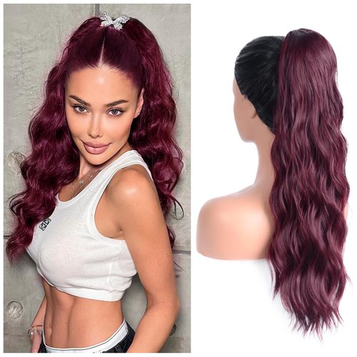 24 Inch Ponytail Extension Drawstring Pony Tails Hair Extensions Long Curly Wavy Ponytail Hair Extension Natural Synthetic Ponytail Hair Pieces for Women (Wine red)