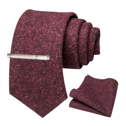 JEMYGINS Burgundy Cashmere Wool Necktie and Pocket Square, Hankerchief and Tie Clip Sets for Men (4)