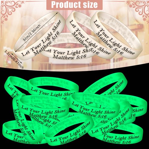 Chitidr 100 Pcs 8" Christian Bracelets Let Your Light Shine Matthew 5: 16 Bible Verse Christian Wristbands Glow in the Dark Silicone Bracelets Bulk Inspirational Scripture Trunk Or Treat Party Favors