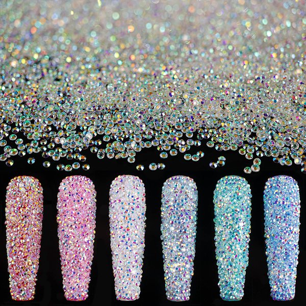 15000Pcs Ultra Mini 1.2mm AB Diamond Beads Glass Sand Shine Rhinestones Iridescent Crystals Long Lasting for Nail Art 3D Decorations DIY Crafts with 2Pcs Triangle Trays by BELLEBOOST