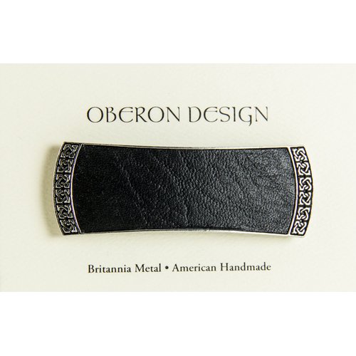 Celtic Leather Hair Clip, Hand Crafted Metal and Leather Barrette Made in the USA with a Medium 70mm Clip by Oberon Design, 3 Colors, Black