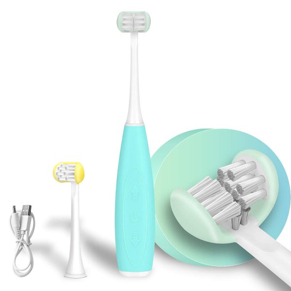 AICase Triple Best Kids Sonic Toothbrush,Rechargeable 32000 VPM Tooth Brush,Patented 3 Brush Head Design,Angled Bristles Clean Each Tooth,for Kids 3+ (Blue)