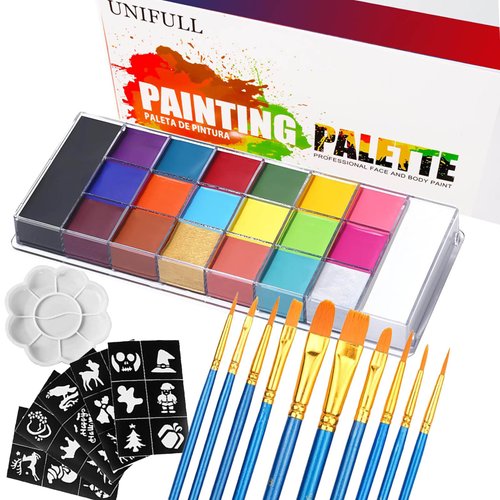 AOLIKOKO 20 Colors Face & Body Paint Palette Kit，Halloween Makeup Kit, face painting kit professional，with 10 Brushes+30 pcs Stickers，Ideal for Halloween Cosplay Party SFX Arty Stage Makeup(20-Colors)