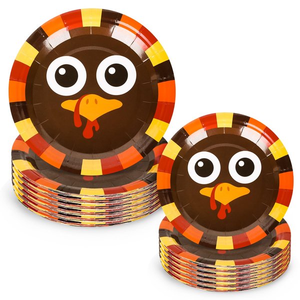 Whaline 40Pcs Thanksgiving Turkey Paper Plates Fall Round Disposable 9.1 & 7.1Inch Decorative Tableware for Autumn Thanksgiving Party Supplies Catering Table Decor