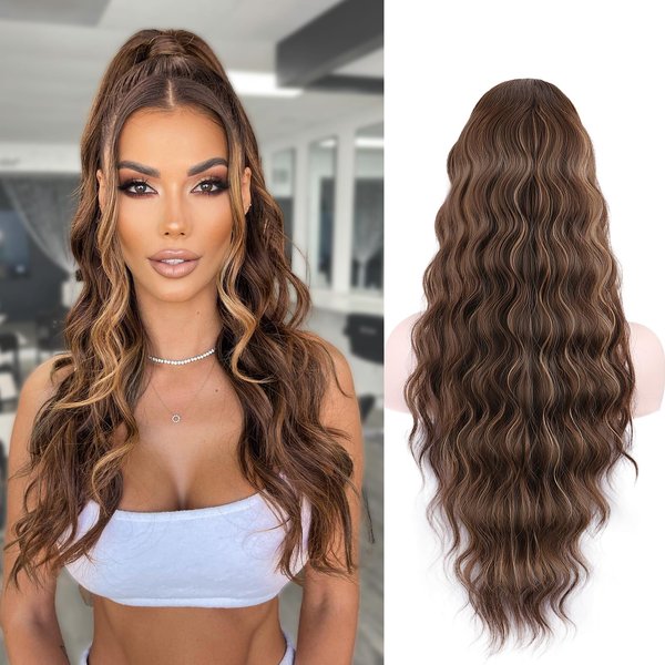 NOSTALGIA Brown Ponytail Extension 26 Inch Long Curly Wavy Drawstring Ponytail Extension Synthetic Hair Extensions Ponytail for Women Daily Use Brown with Blonde Highlights