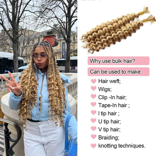 DSEKCAIN P27/613 Human Braiding Hair Deep Wave Bulk Human Hair For Braiding Crochet Bohemian/Boho Knotless Braids Micro Braiding Hair Wet And Wavy 100gram (2 of 50g) Highlight Blonde Color 18 Inch