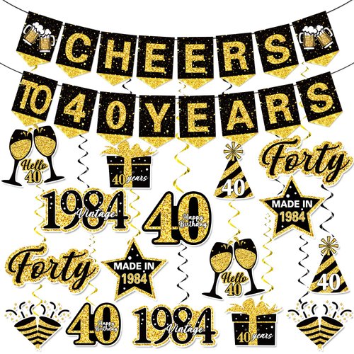 LARRAZABAL 40th Birthday Decorations for Men, Black Gold 1984 Birthday Decorations Include 40th Birthday Banner and Hanging Swirls for Men Women, 40th Birthday Party Supplies