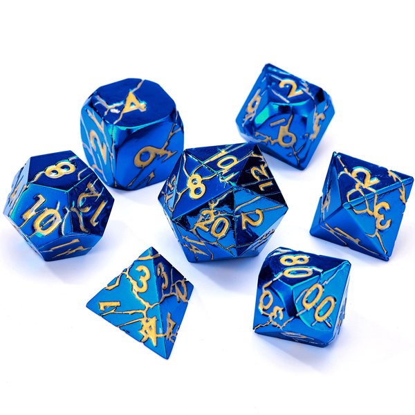 DND Metal Dice - Cracked Lightning Metal Dice - Polyhedral Dice Set for RPG D&D Dice with Cracks - Beautifully Detailed Dungeons and Dragons Dice Set (Blue Gold)