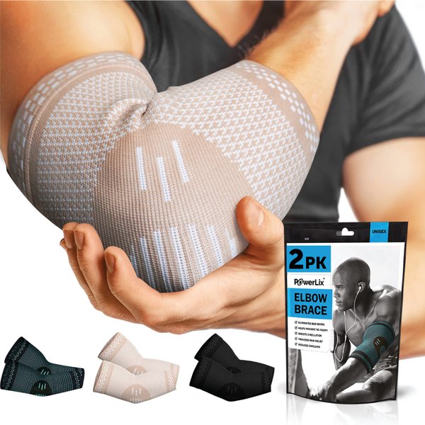 POWERLIX Elbow Brace Compression Support (Pair) - Elbow Sleeve for Tendonitis, Tennis Elbow Brace and Golfers Elbow Treatment, Arthritis, Workouts, Weightlifting – Reduce Elbow Pain (Beige, M)