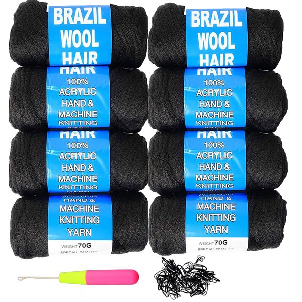 Brazilian Wool Hair Acrylic 100% 8PCS for African Crochet Braid/Box Braids/Jumbo Braiding/Senegalese Twist/Faux Locs/Twist Wraps Synthetic Fiber Hair Extensions Natural Black Color