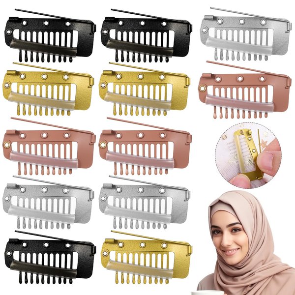 FOMIYES Chunni Clips with Safety Pins 12pcs Wig Clips 10-teeth Hair Extension Clips Metal Snap Clips Strong Chunni Grip Dupatta Setting Clips for Hair Extensions