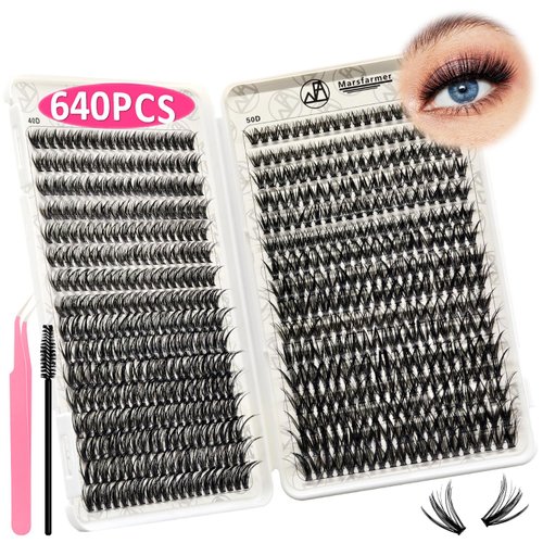 Marsfarmer 640pcs Lash Clusters Kit - 9-16mm 40D+50D D Curl Individual Lashes Clusters, DIY False Eyelashes Clusters Extension with Lash Cluster Applicator Tweezer