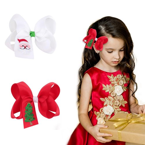 Christmas Hair Bow Clips Cute Santa Claus Xmas Tree Cheer Bow Barrettes Alligator Hairpins Girls Handmade Red White Ribbon Hairbow Decor Accessory Kids New Year Gift