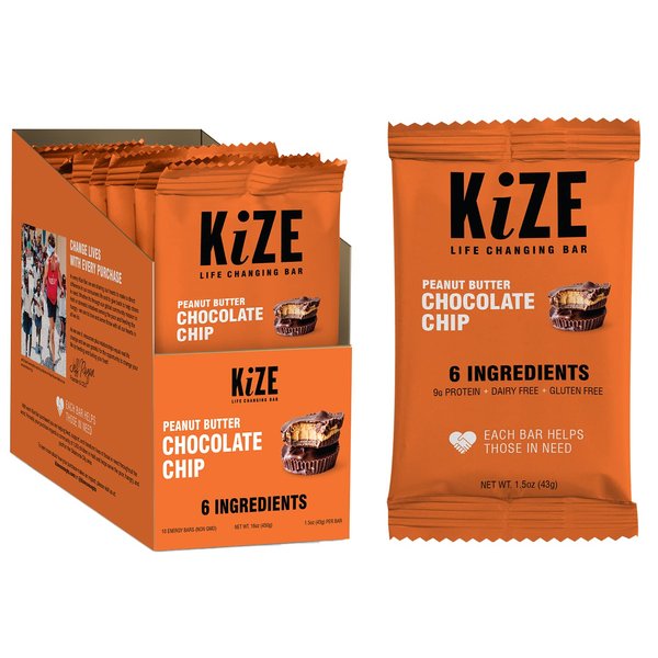KiZE Energy Bar, Peanut Butter Chocolate Chip, 6 Ingredients, 9g Protein, Clean & Simple Real Food, Gluten Free, Non-GMO, Dairy Free, Soy Free, Mission Based, High Protein Snacks (10 Count)