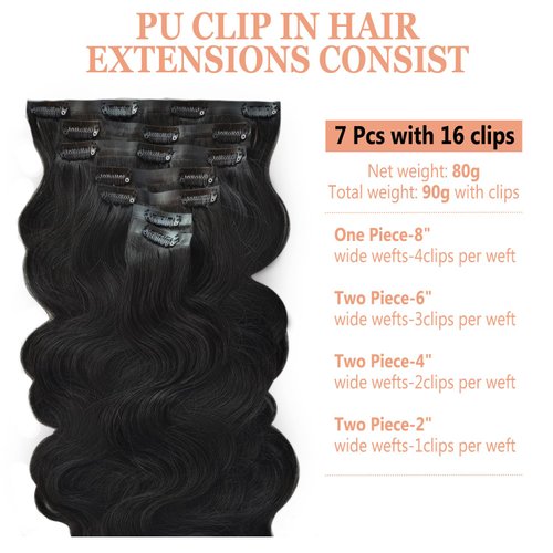 Seamless Clip in Hair Extensions Remy Human Hair, 12 Inch Natural Black Body Wave, Real Human Hair Extensions Invisible PU Clip Ins Skin Weft 90g 7pcs